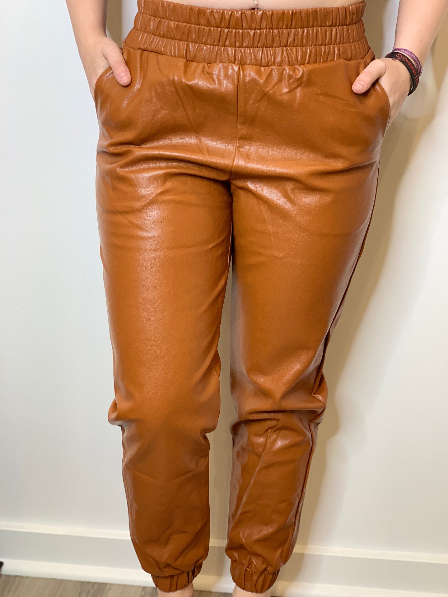 Dark Tan Faux Leather Jogger Pants