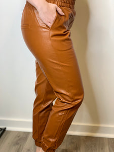 Dark Tan Faux Leather Jogger Pants