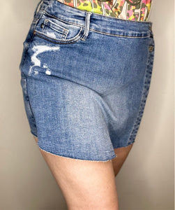 Light Wash Raw Hem Jean Skort
