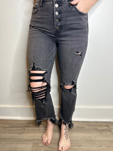Black Distressed Cropped Flare Jeans