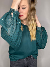 Load image into Gallery viewer, Hunter Green Bubble Sleeve Sequin Top