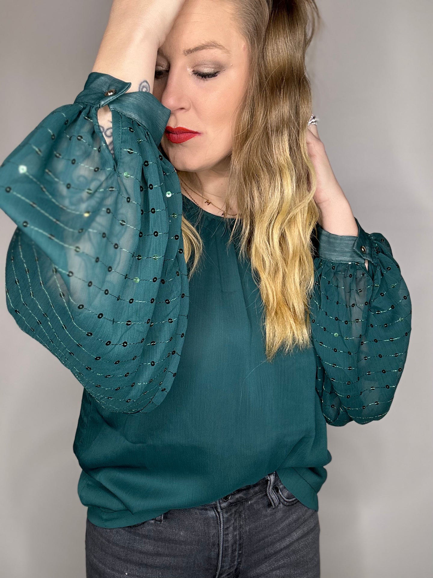 Hunter Green Bubble Sleeve Sequin Top