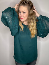 Load image into Gallery viewer, Hunter Green Bubble Sleeve Sequin Top