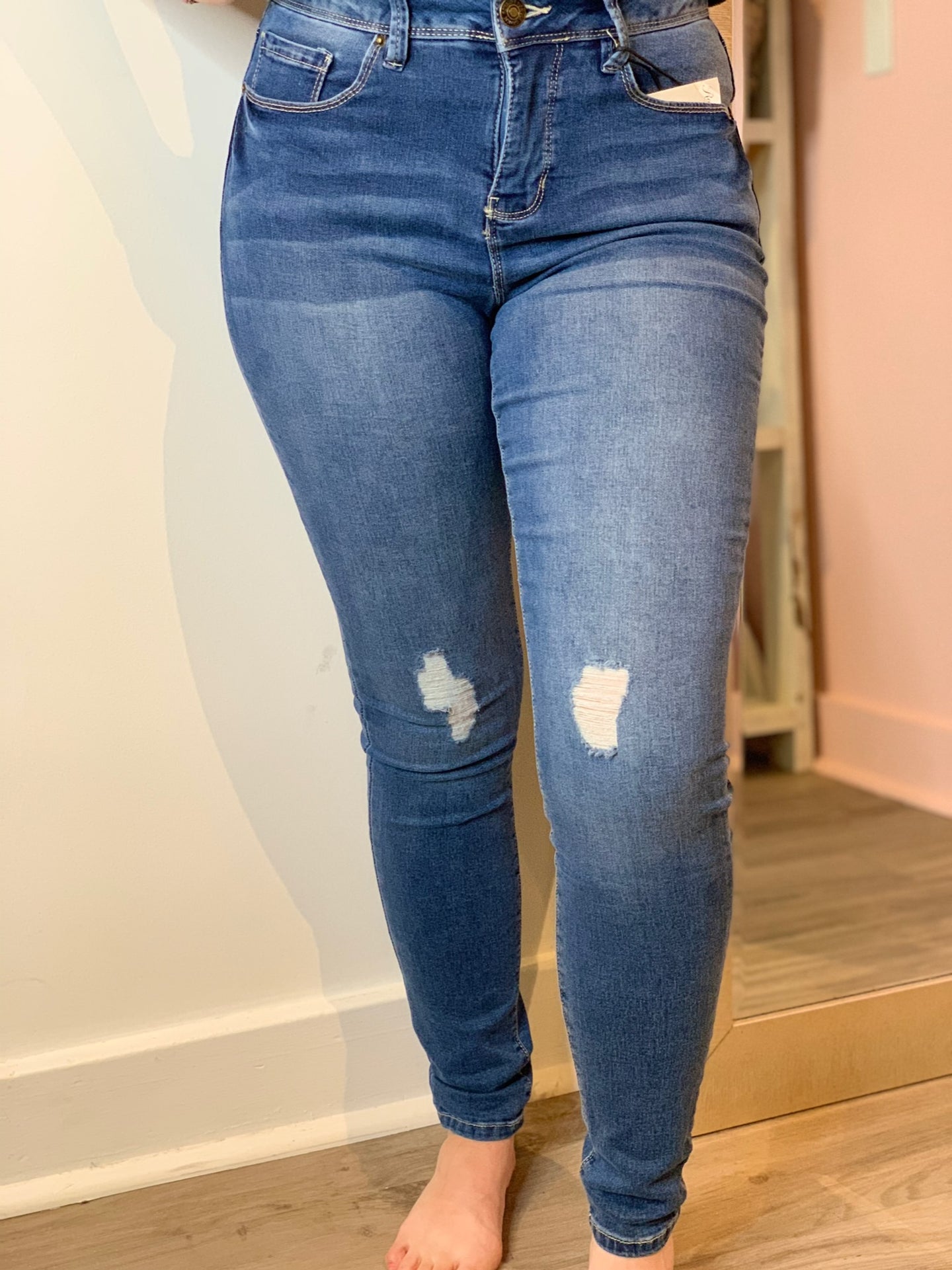 Medium Wash Distressed Stretch Skinny Jeans