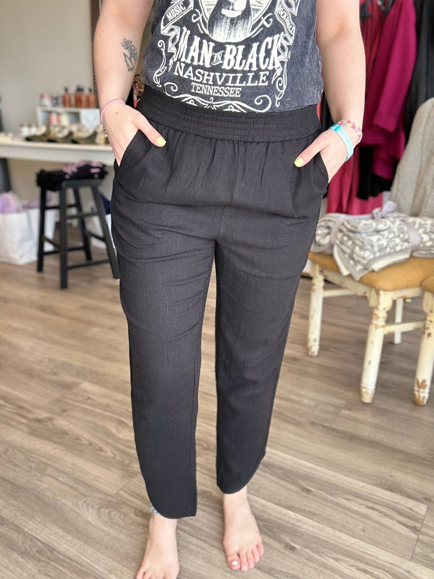 Black Linen Smocked Pant