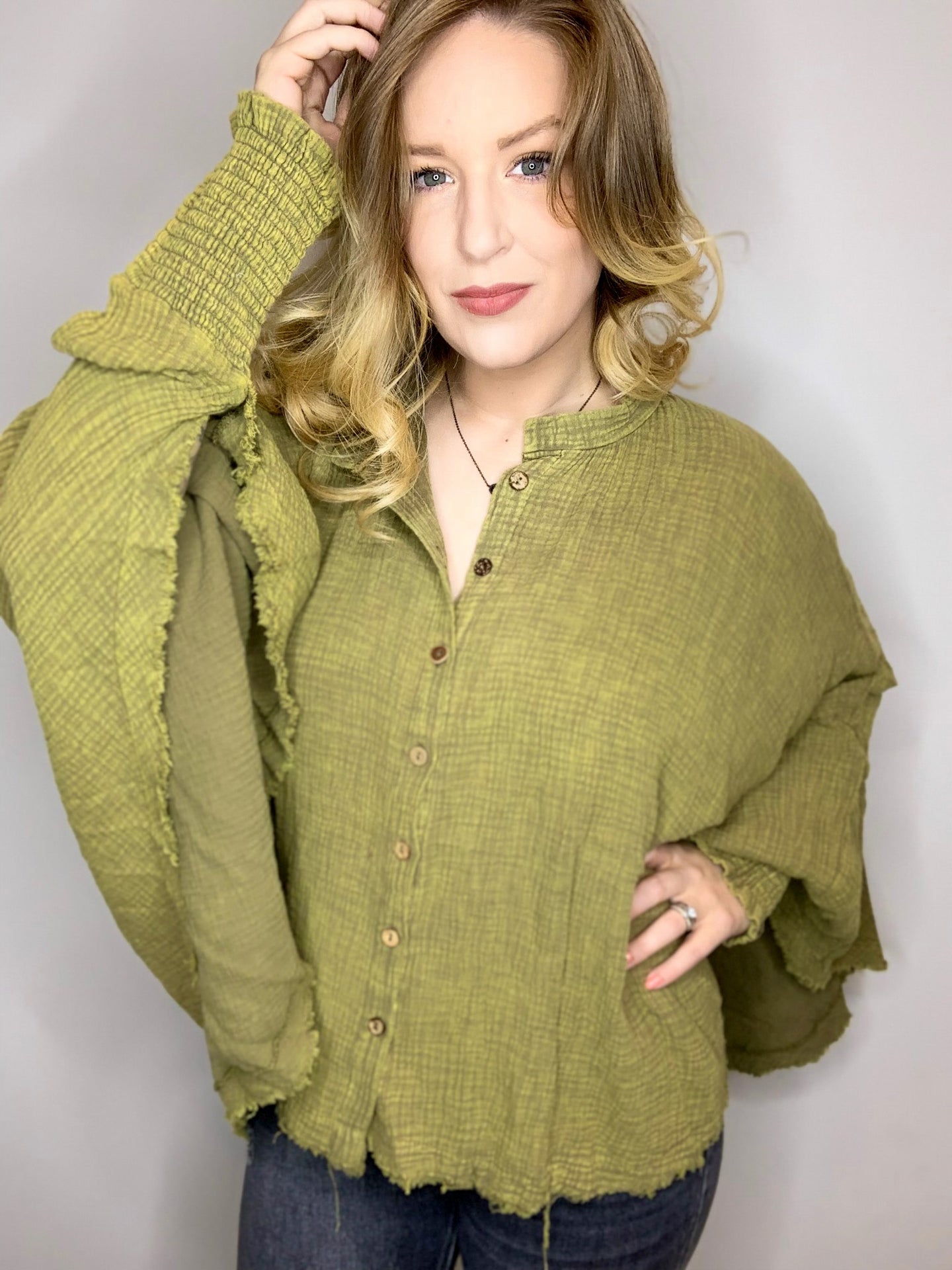 Olive Oversized Button Top