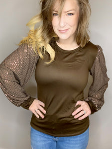 Brown Sequin Sleeve Blouse