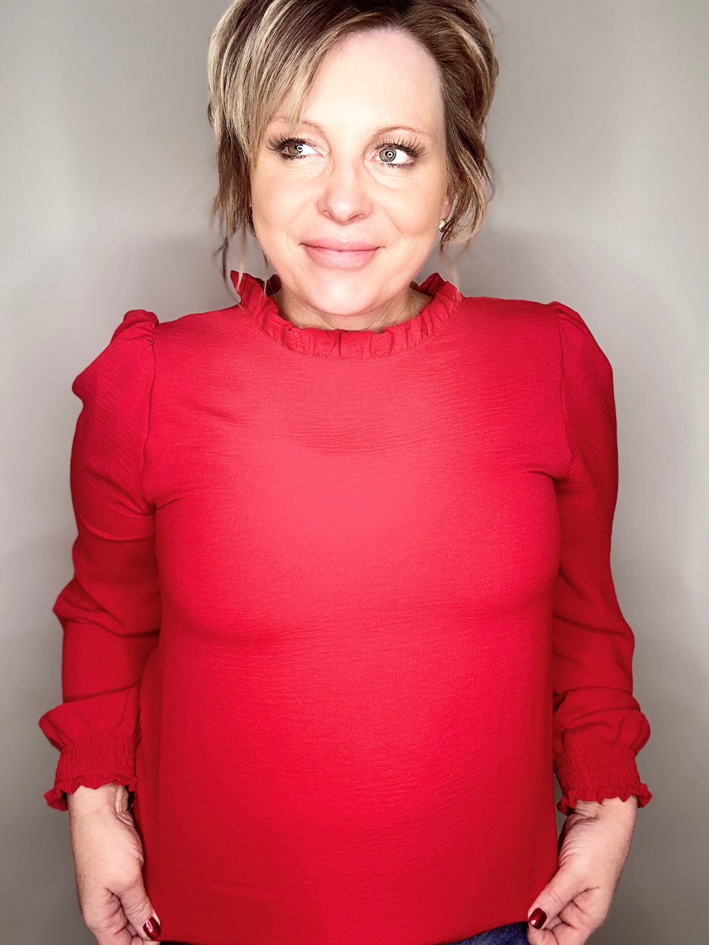 Red Smocked Sleeve Blouse