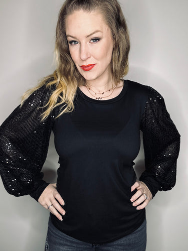 Black Sequin Sleeve Top
