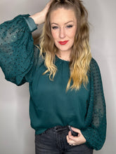 Load image into Gallery viewer, Hunter Green Bubble Sleeve Sequin Top