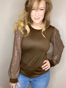 Brown Sequin Sleeve Blouse