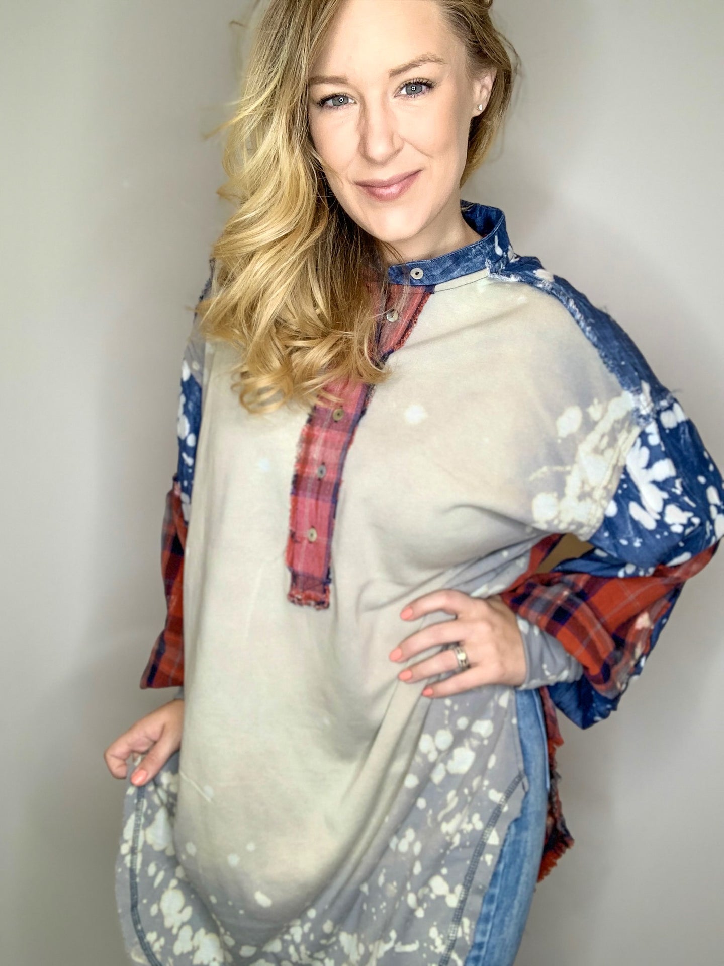 Denim & Red Bleached and Plaid Tunic