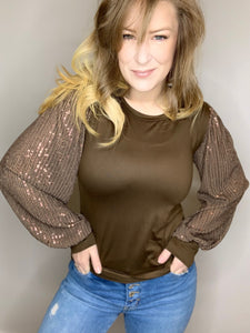 Brown Sequin Sleeve Blouse