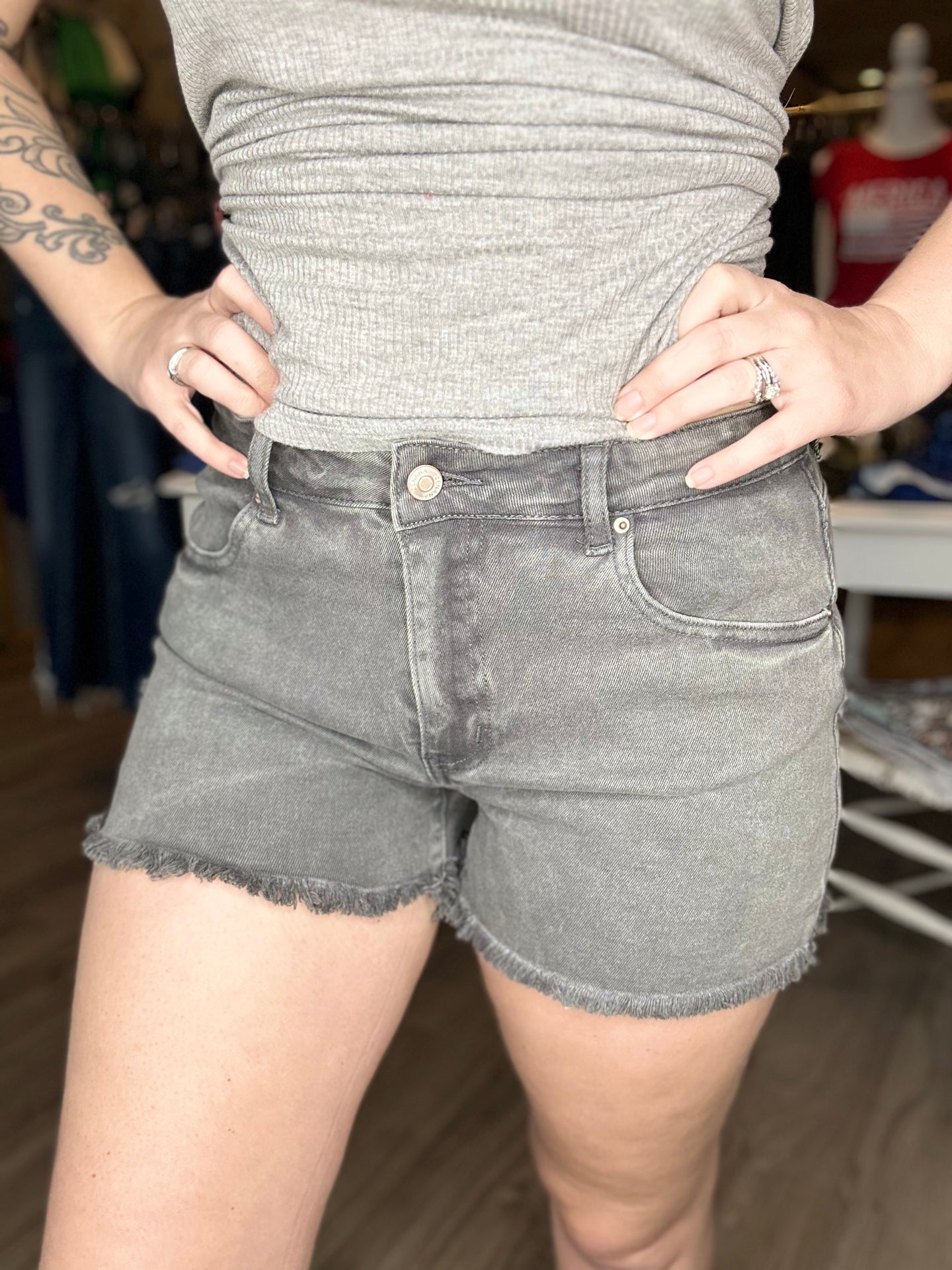 Ash Black Frayed Hem Denim Shorts