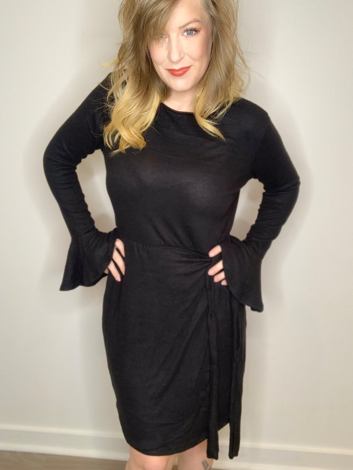 Black Ruffle Sleeve Wrap Dress